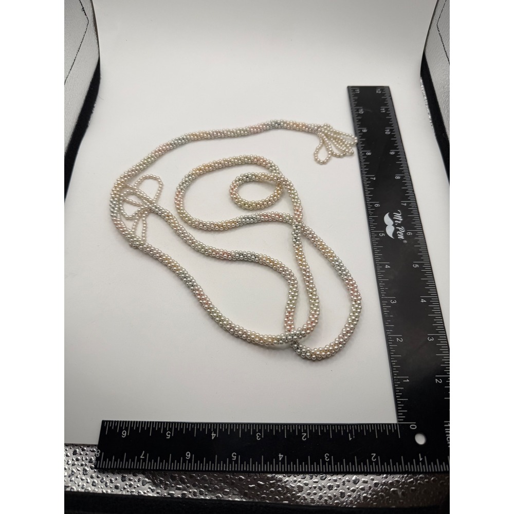Multi Strand Pearl Bead Rope Necklace Long Tassel Ends White Peach Grey 56 Inch - Picture 2 of 3